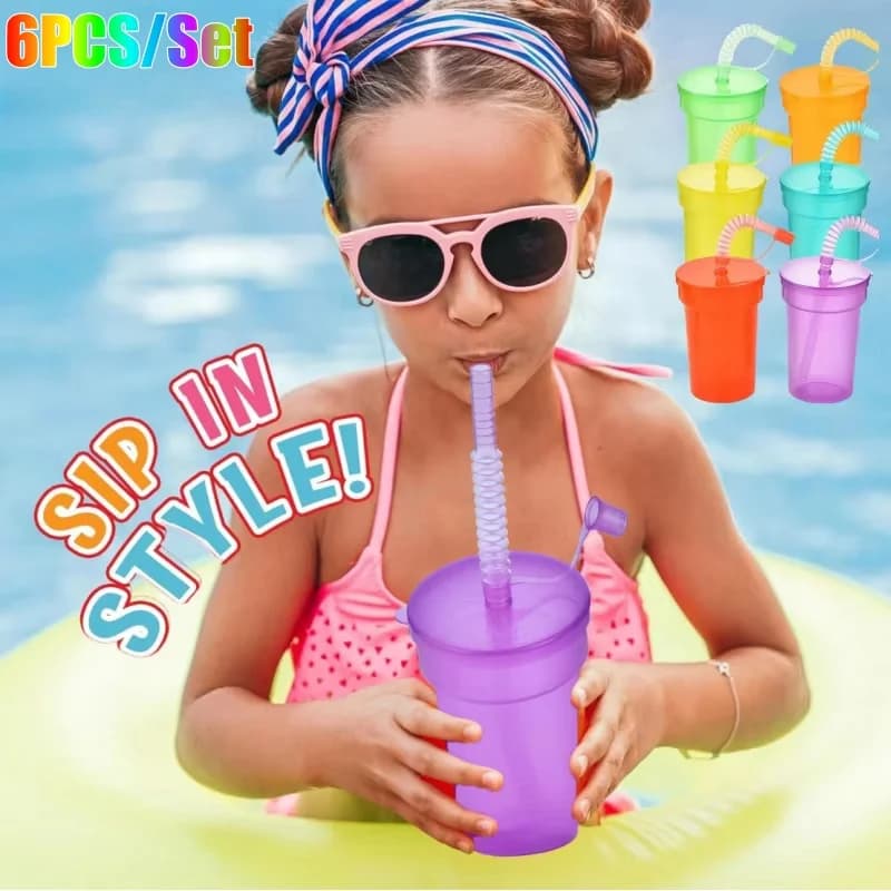 Bicchiere in Plastica Espandibile con Cannuccia, 6 Colori, Tazza con Cannuccia a Sifone e Coperchio Antigoccia, Borraccia in Plastica per Acqua e Succhi, Ideale per Viaggi Estivi e Uso Domestico