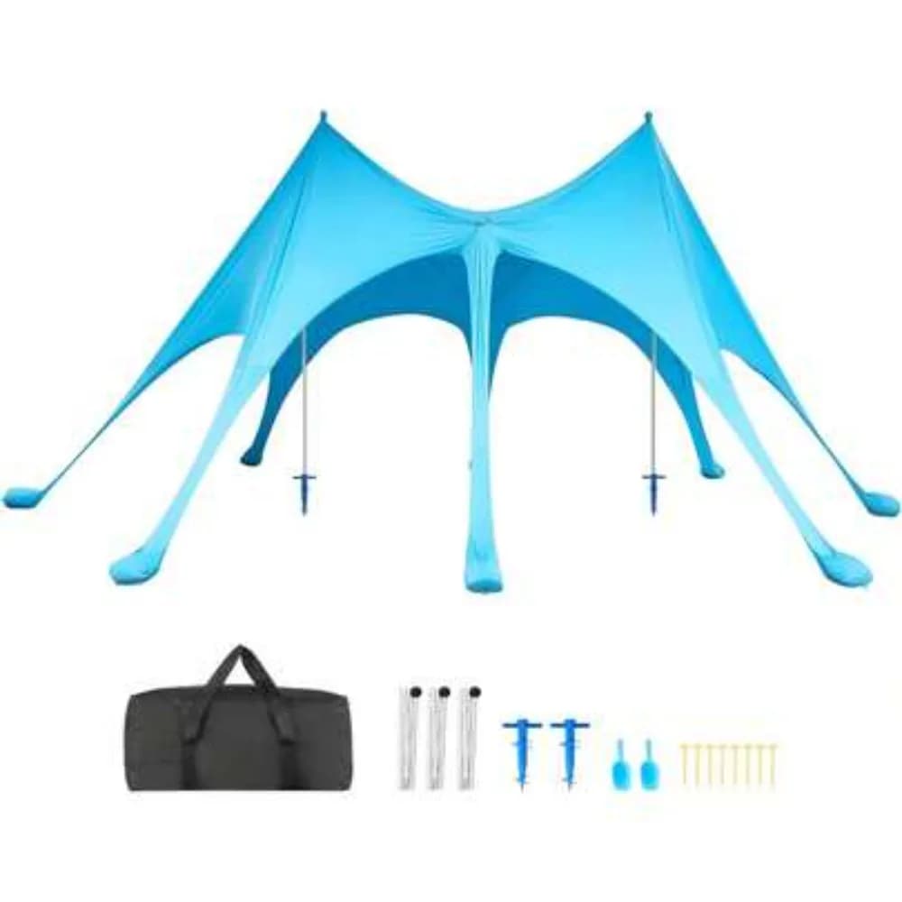 Portable Beach Tent Sun Shelter UPF50+ Pop Up Beach Canopy with Sandbags Stability Poles Sand Shovels for 3-4 Person Family Outdoor Camping Fishing Picnic Travel Easy Setup Lightweight Windproof Waterproof