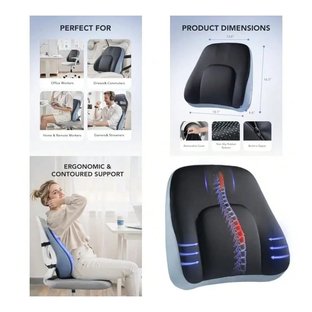 Cuscino di supporto per sedia da ufficio, cuscino di supporto per la schiena in memory foam con doppie cinghie regolabili, ergonomico per la postura