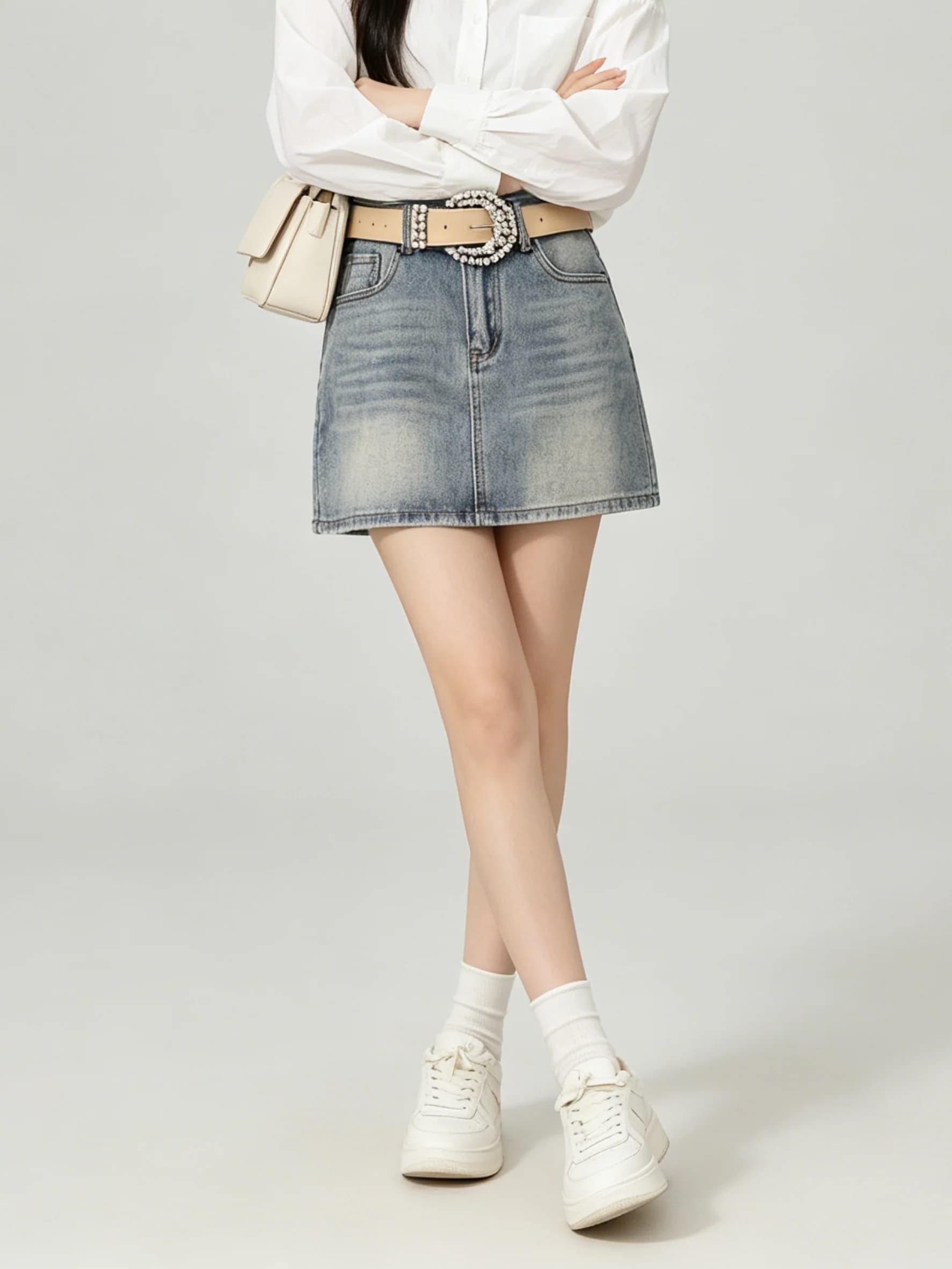 High Waist A-Line Skirt Denim Retro American Style Belt Design Summer Spicy Girl Wind Korean Version Half Body Skirt
