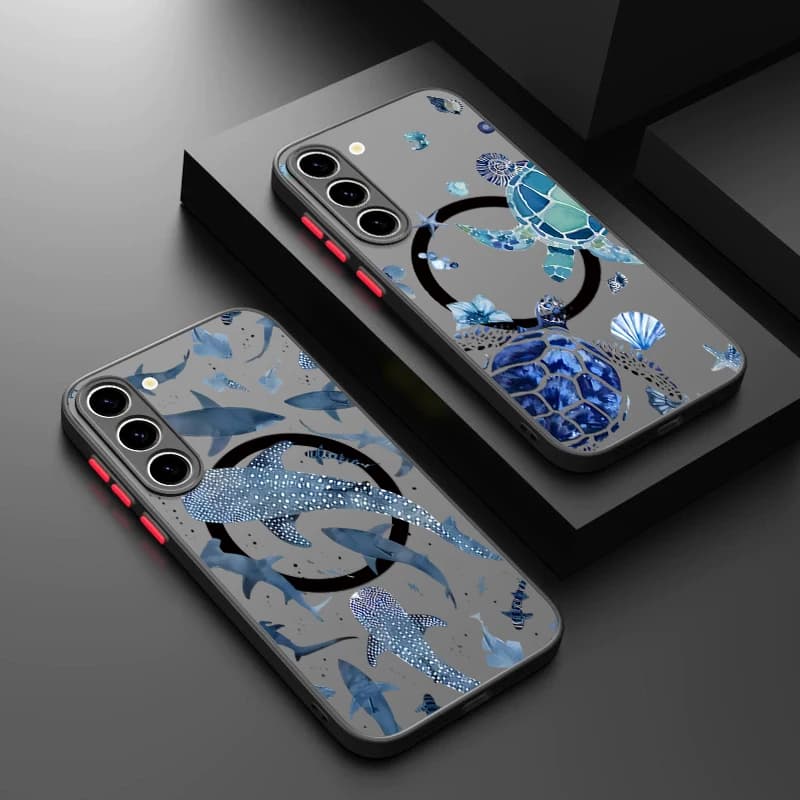 Custodia Magnetica Opaca con Motivo Tartaruga Marina, Conchiglia e Balena per Samsung Galaxy S26 S25 Ultra S24 S23 S22 S21 FE A54 A55 A56 5G