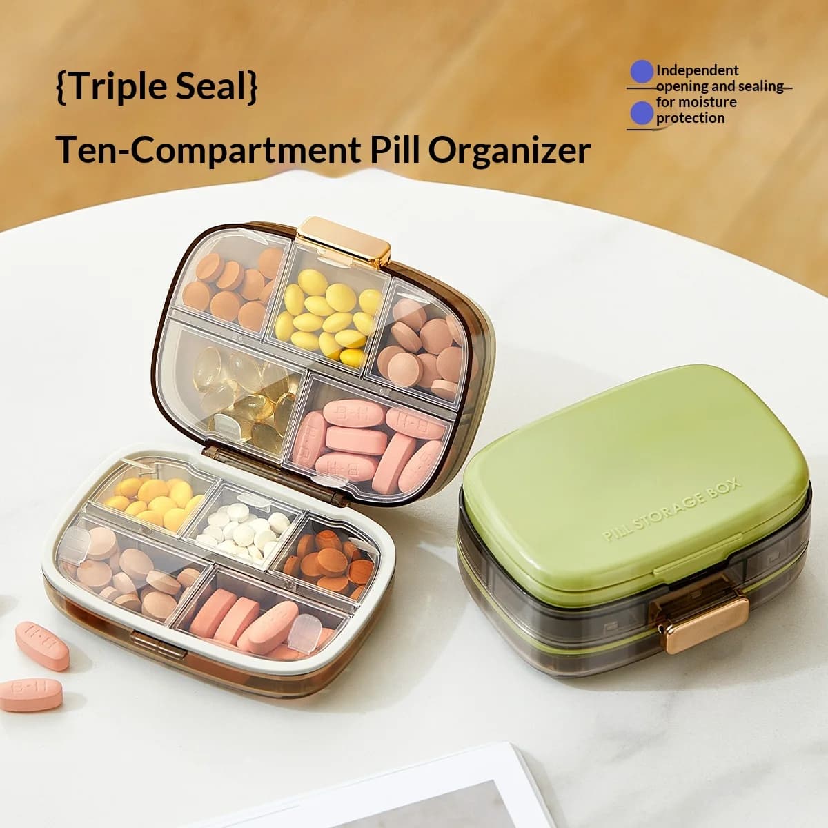 Compact 10 Compartment Medicine Organizer Large Capacity Travel 7 Day 3 Meals Pill Holder for Vitamins Supplements and Pills