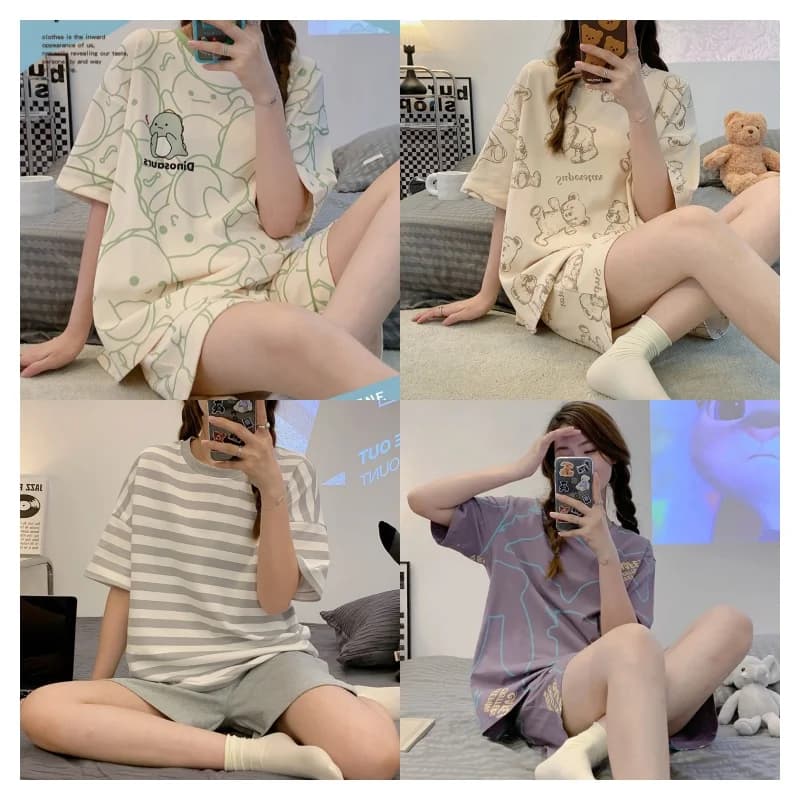 Donna estate due pezzi set pigiama o-collo manica corta pantaloncini pantalone Homewear sottile sciolto stampa cartone animato di grandi dimensioni carino morbido