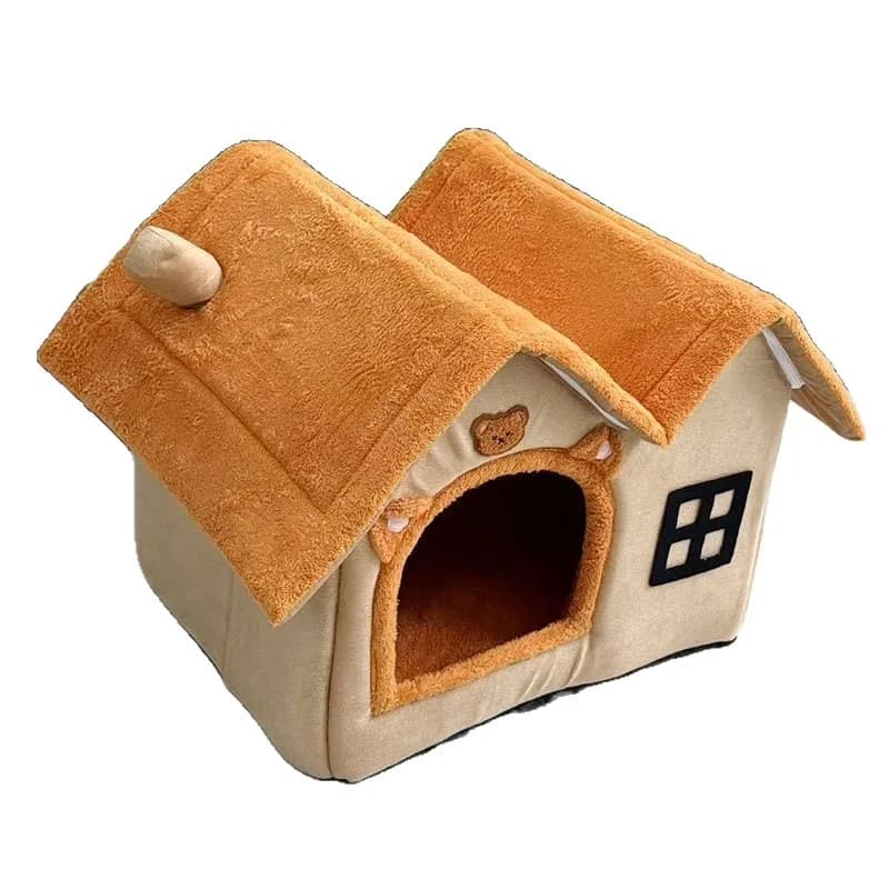 Foldable Cat House & Dog Bed – Indoor Double Roof Condo with 30D Memory Foam, Removable Washable Cushion, Non-Slip Base