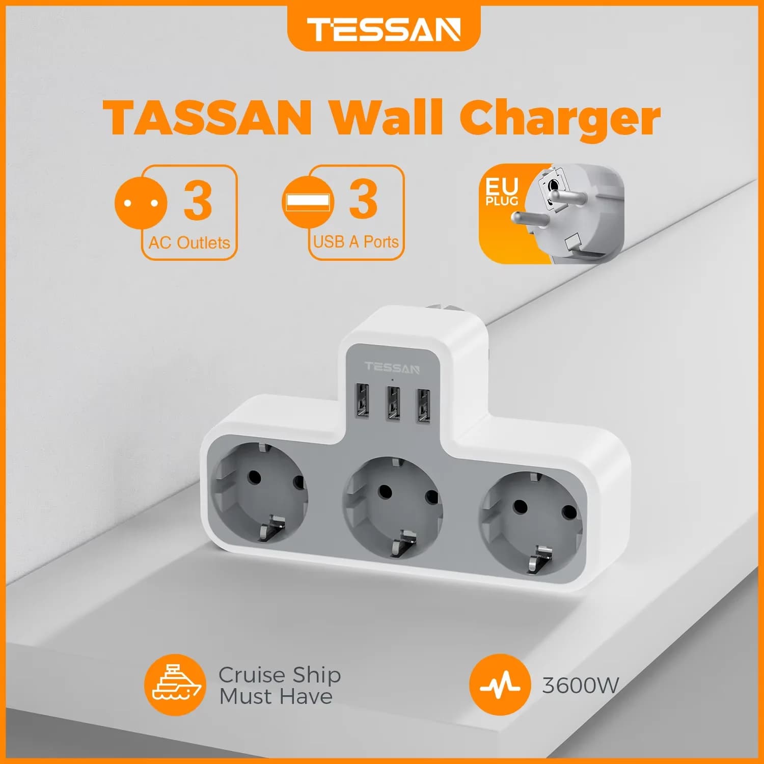 TESSAN Adattatore di ricarica USB multi presa 6 in 1 con 3 prese CA e 3 porte USB A Presa a muro a 3 vie da 3600 W per ufficio domestico