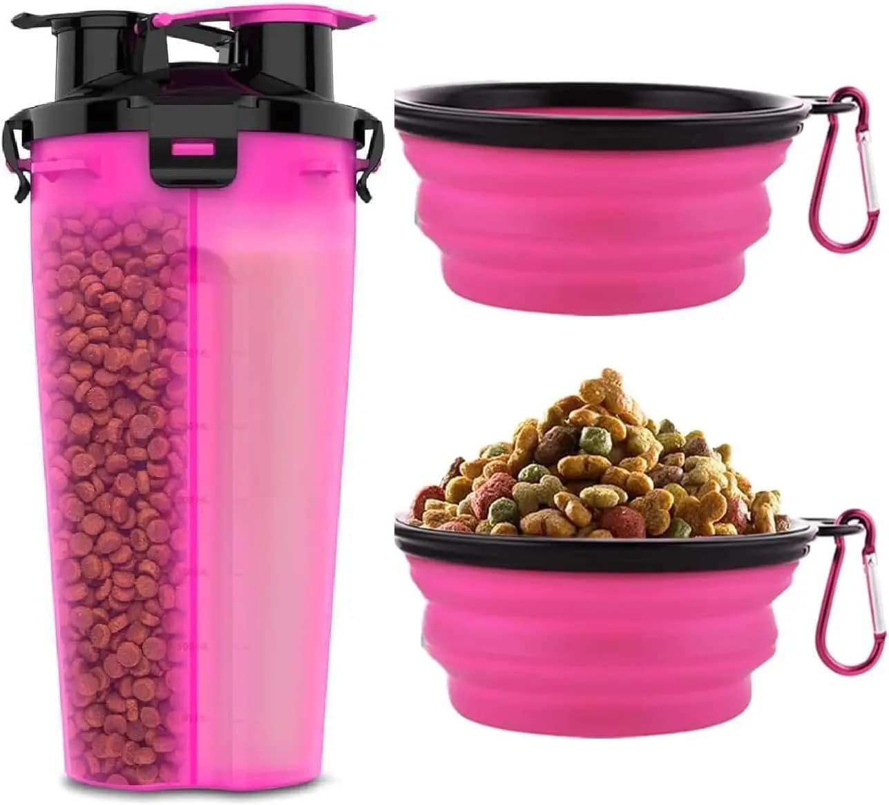 Bottiglia d'Acqua da Viaggio 2-in-1 per Cani con Ciotole Pieghevoli, Contenitore Portatile Antigoccia per Acqua e Cibo per Cani, Ideale per Passeggiate, Campeggio, Escursioni (Rosa)