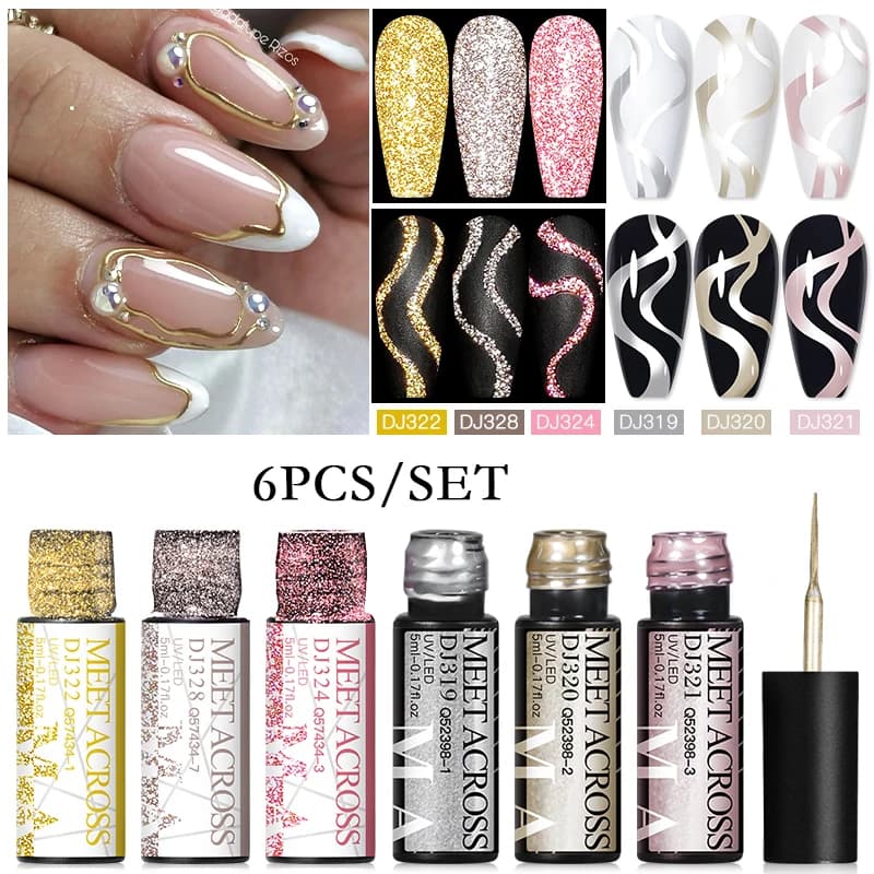 MEET ACROSS 6 Pz/set Riflettente Glitter Linea Gel Smalto Per Unghie Specchio Metallico Unghie Artistiche Liner Gel UV Pittura FAI DA TE Disegno Vernice