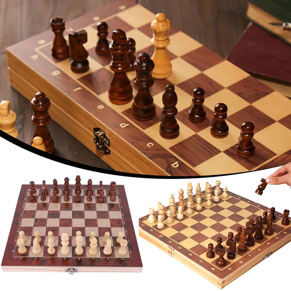 Set di Scacchi, Dama e Backgammon 3 in 1, 29x29cm, in Legno, Pieghevole, per Bambini e Adulti, Sviluppa il Pensiero Strategico