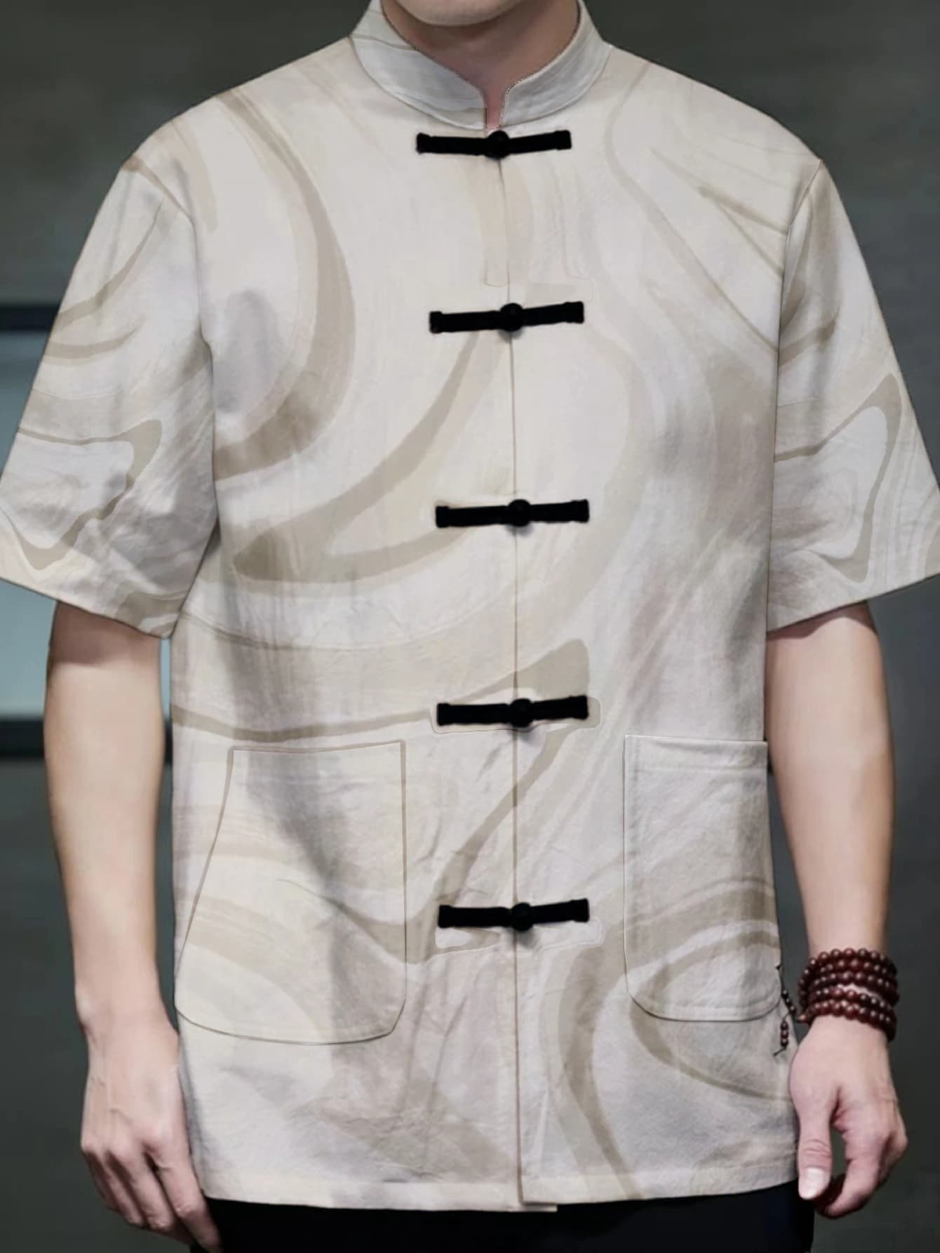 Men Stand Collar Tang Suit Shirt Abstract Swirl Texture Print Frog Button Loose Summer Casual Outer Garment