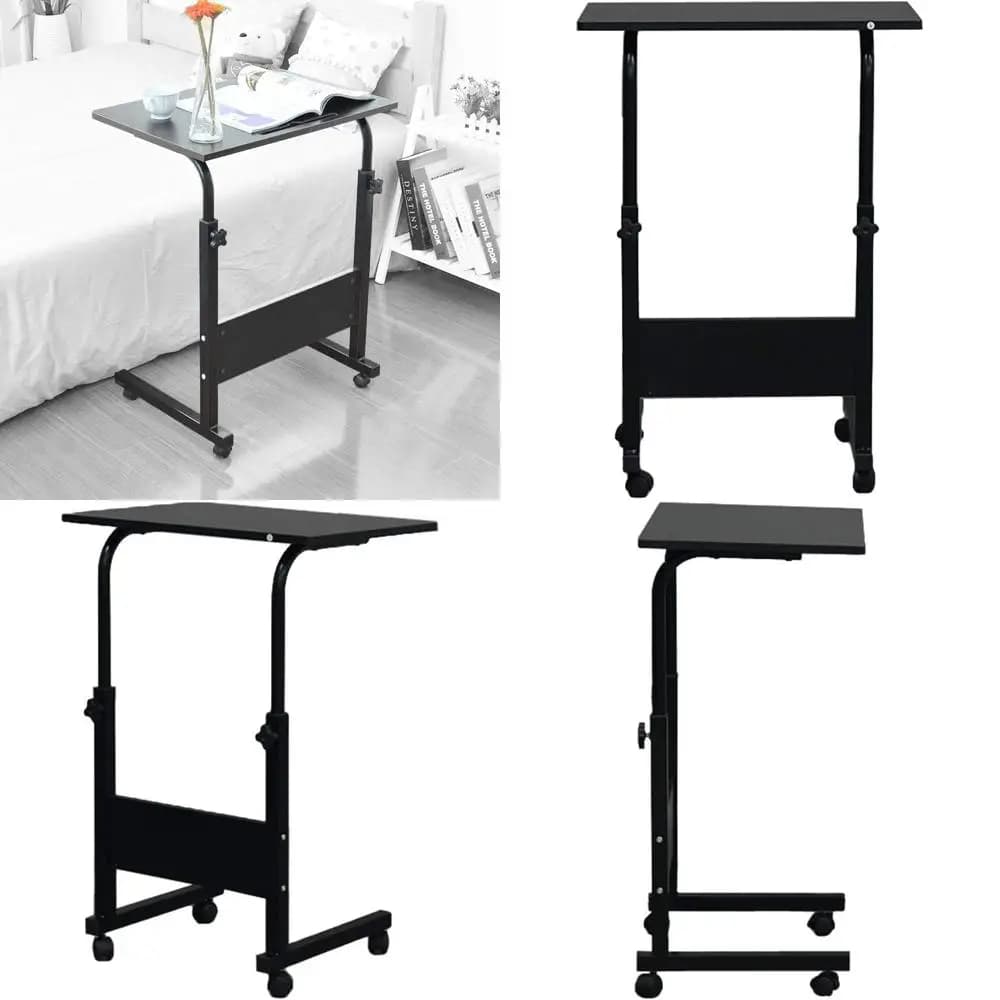 Supporto portatile per laptop con ruote, tavolino laterale regolabile in altezza con piano in legno e struttura in metallo