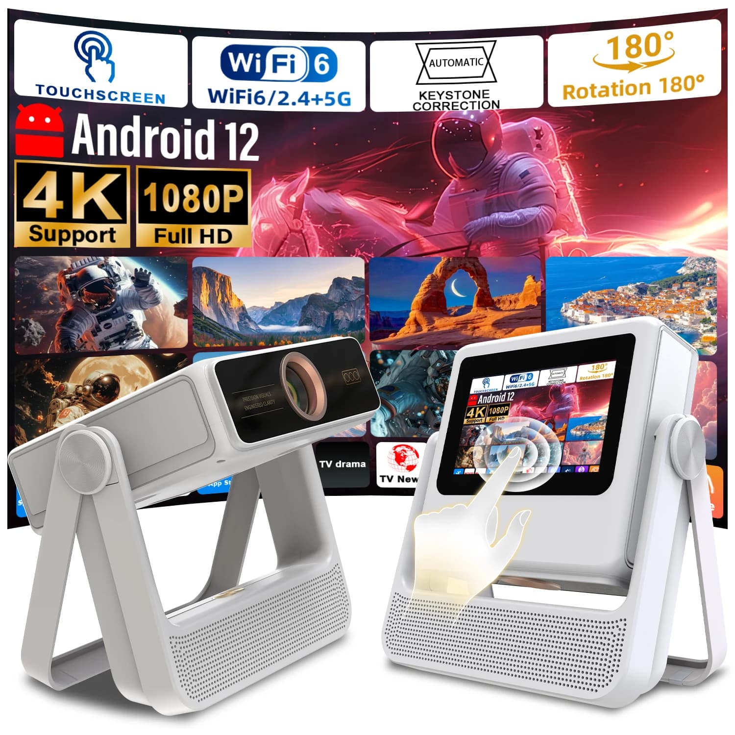 7" 1080P 4K Android 12 Projector Auto Focus 180° Rotation WiFi BT Phone Mirror HDMI USB Outdoor Home Cinema