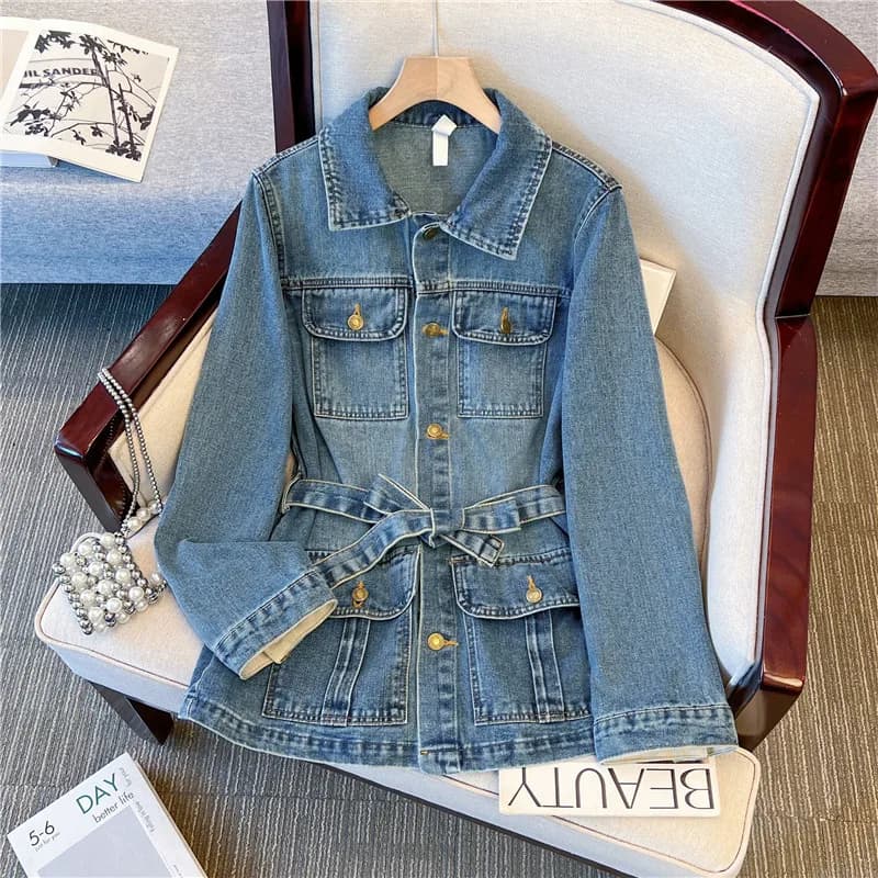 Giacca di jeans blu a mezza lunghezza da donna, casual, ampia, multitasche, con revers, monopetto, a maniche lunghe, primaverile