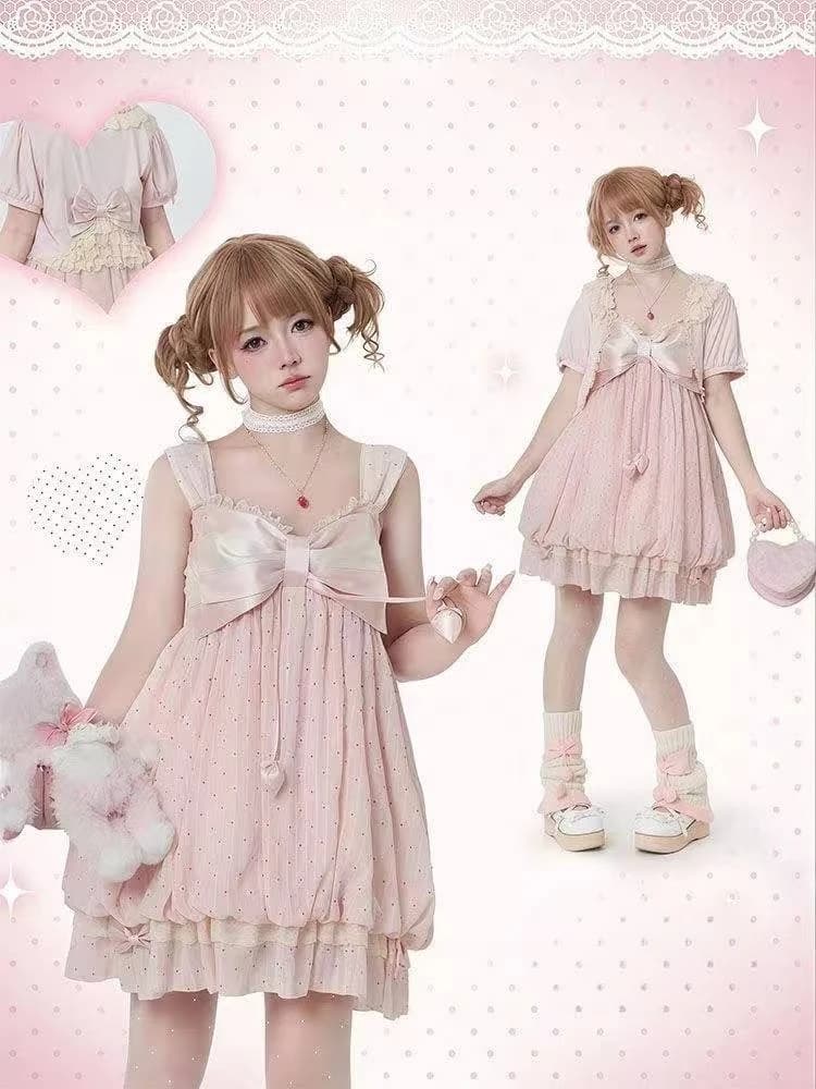 Completi Vintage Giapponesi Y2k per Donne, Top con Volant Stile Sweet Lolita, Mini Abito con Fiocco, Set 2 Pezzi Kawaii Casual