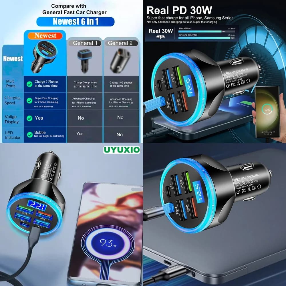 LED Digital Display PD 30W Fast Charging Plug Super Fast 6 Ports for iPhone 17 16 15 14 Pro Max Plus Type C USB C Car Charger