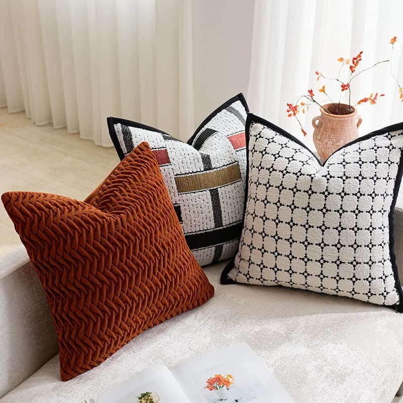 Fodere per Cuscini Jacquard Geometriche Moderne Nordiche in Ciniglia Tinto in Filo Bianco e Nero, Copricuscini di Lusso per Soggiorno e Camera da Letto