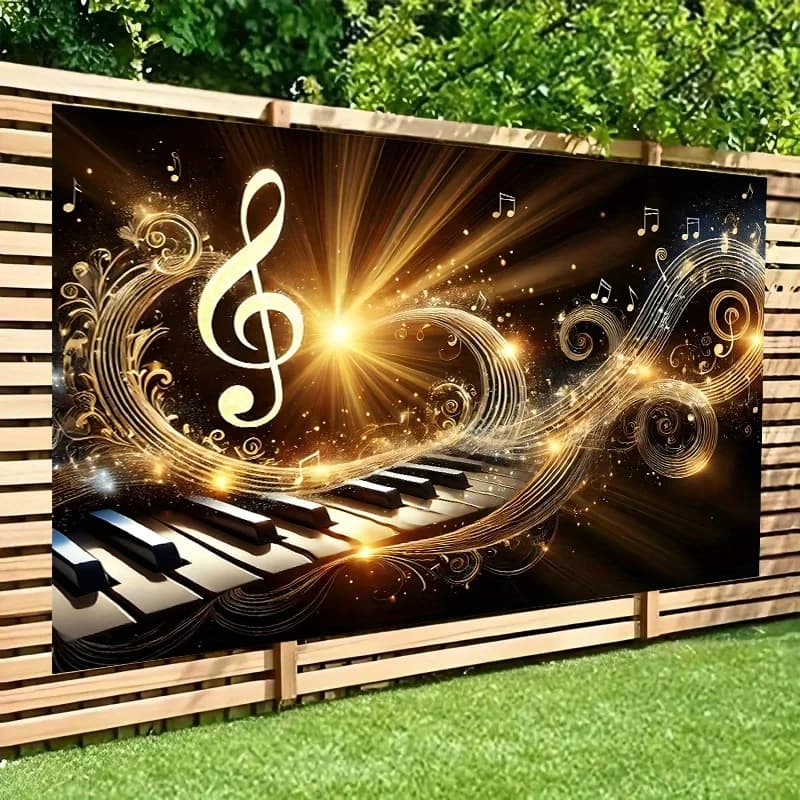 Un banner con sfondo 2D, pianoforte e note musicali, rivestimento murale in tessuto leggero che scorre, regali per feste e festival