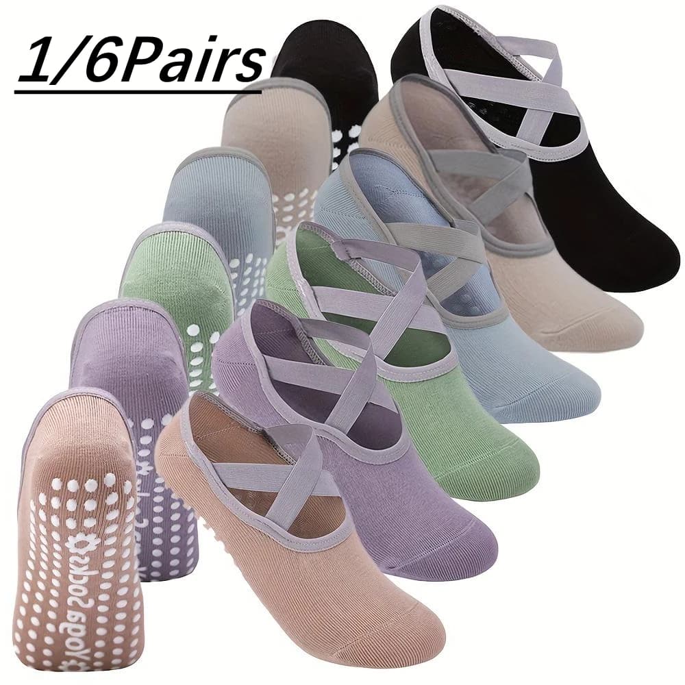6 Pairs Women'S Yoga Socks Non-Slip Pilates Dance Socks Non-Slip Floor Slippers With Handles For Gym Indoor And Fitness Ballet
