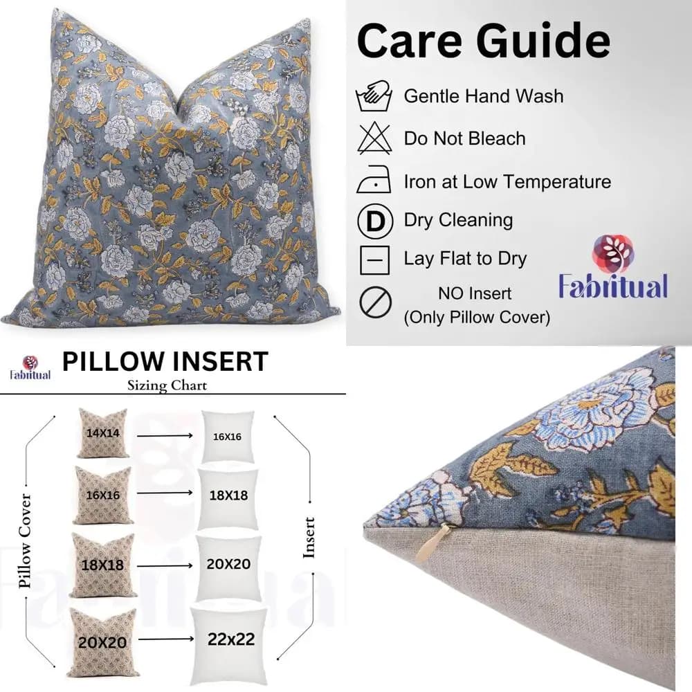 Vintage floral linen pillow lining, 22 x 22 inch Boho sofa cushions, handmade outdoor cushions in yellow and blue