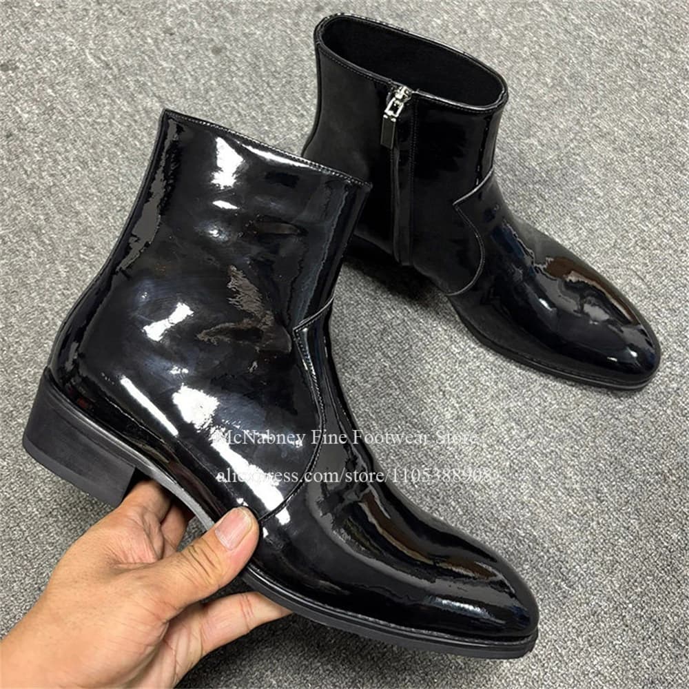 Glossy Patent Leather Round Toe Men Ankle Boots Side Zipper Luxury Daily Business Wedding Nightclub Plus Size Formal Dress Shoes