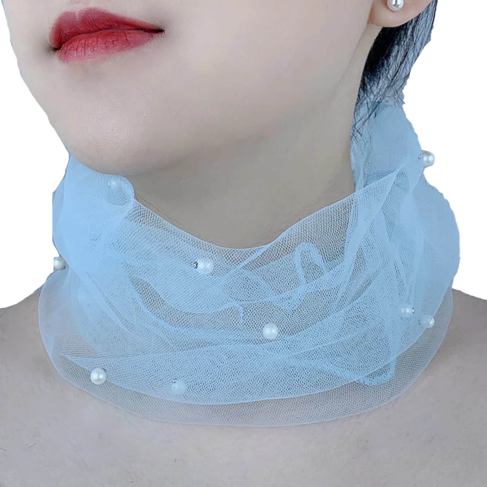 Elegante collo elastico avvolgente colletto in tinta unita decorazioni con perle finte sciarpa in pizzo organza elastico multifunzionale
