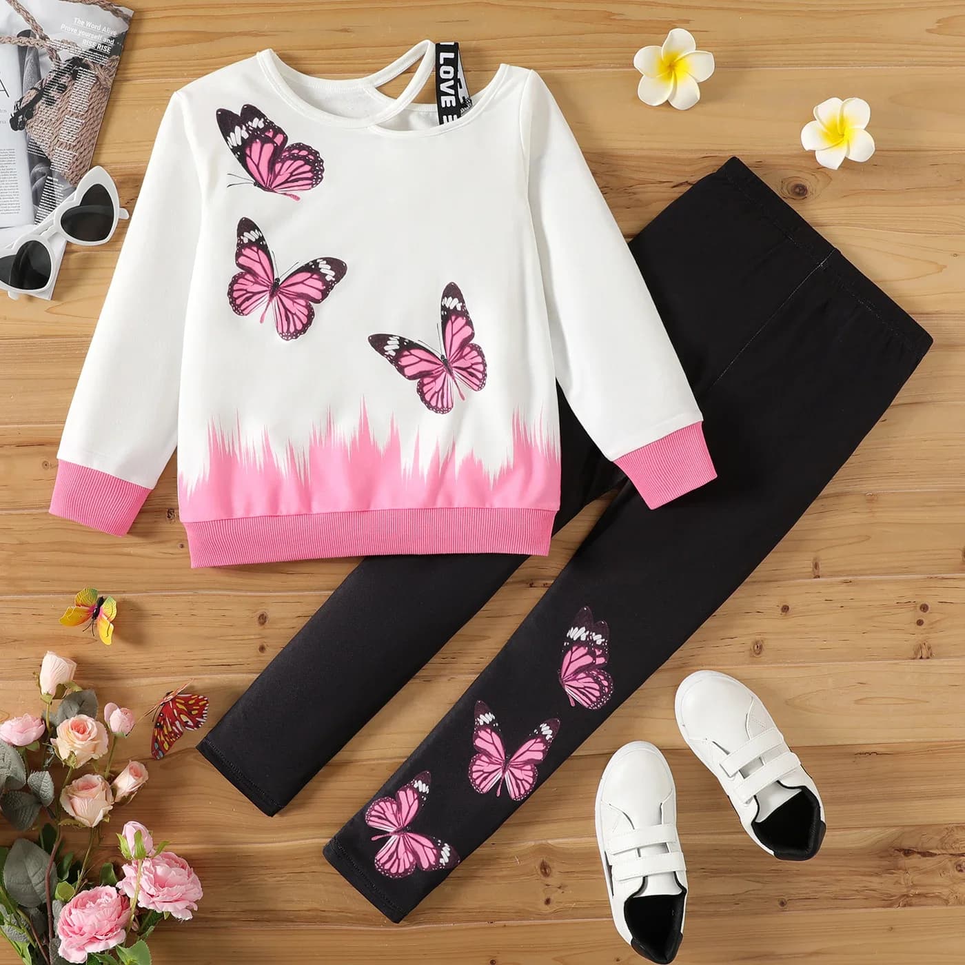 PatPat 2 pezzi Kid Girl Butterfly Print Colorblock Cut Out felpa e Leggings elasticizzati Set perfetto per le uscite di usura quotidiana
