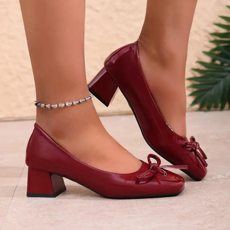 Elegant Ballet Wine Red Bowknot Medium Heel Pumps Women 2026 Summer Classic Square Toe Thick Heel Pumps Women Black Office Shoes