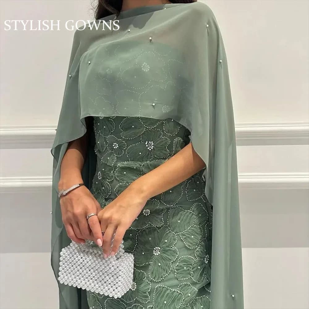 Abiti da ballo su misura 2025 Abito da sera di lusso Donna Scialle Sirena Fiore Abito da ballo in pizzo Abito verde Robe Soiree Party