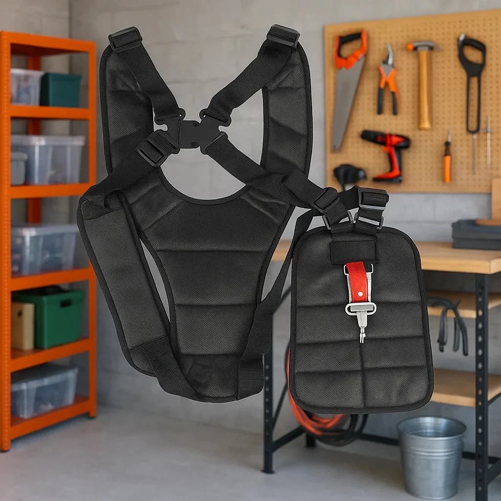 Adjustable double shoulder strap for mower, lawnmower and pruner, comfortable support