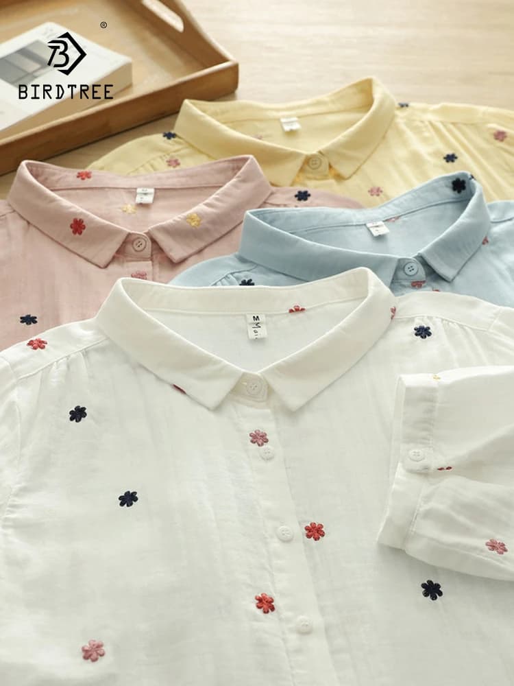 New 2026 Summer Women Cotton Yarn Half Sleeve Shirt, Turn-down Collar Embroidery, Mori Girl Sweet Thin Loose Blouse T66824CC