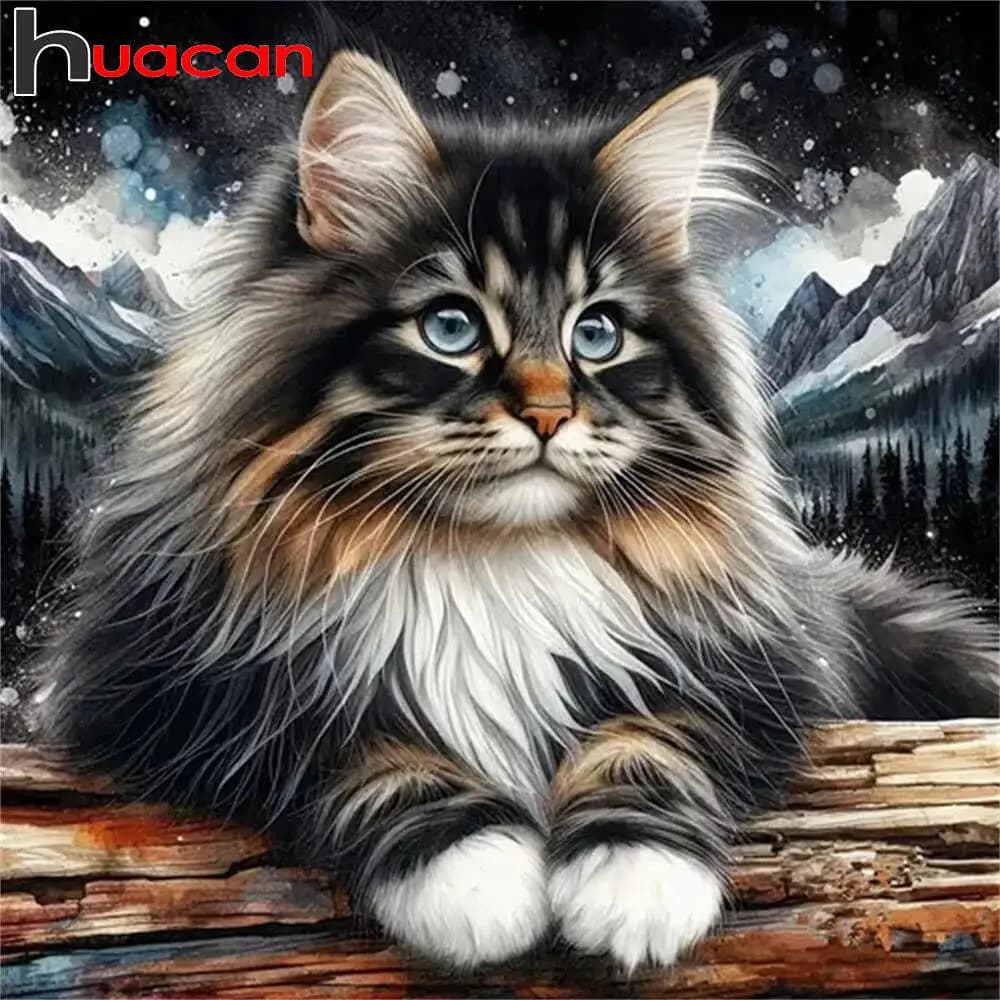 Huacan 5D Cat Diamond Painting Snow Mountain Diamond Mosaic Complete Kit Tree Picture Of Rhinestones