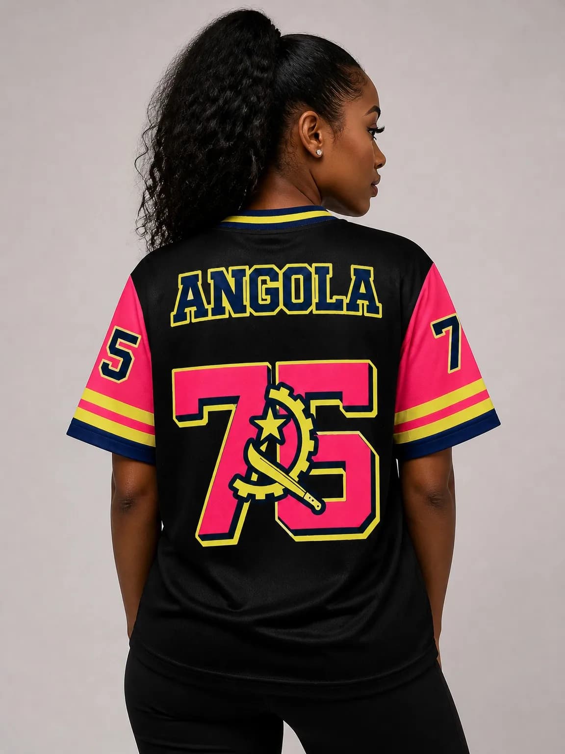 Angolan Print V-Neck Short-Sleeve Sweatshirt, Casual Loose Top, Hip Hop Street Style, Summer, Unisex T-Shirt for Men and Women