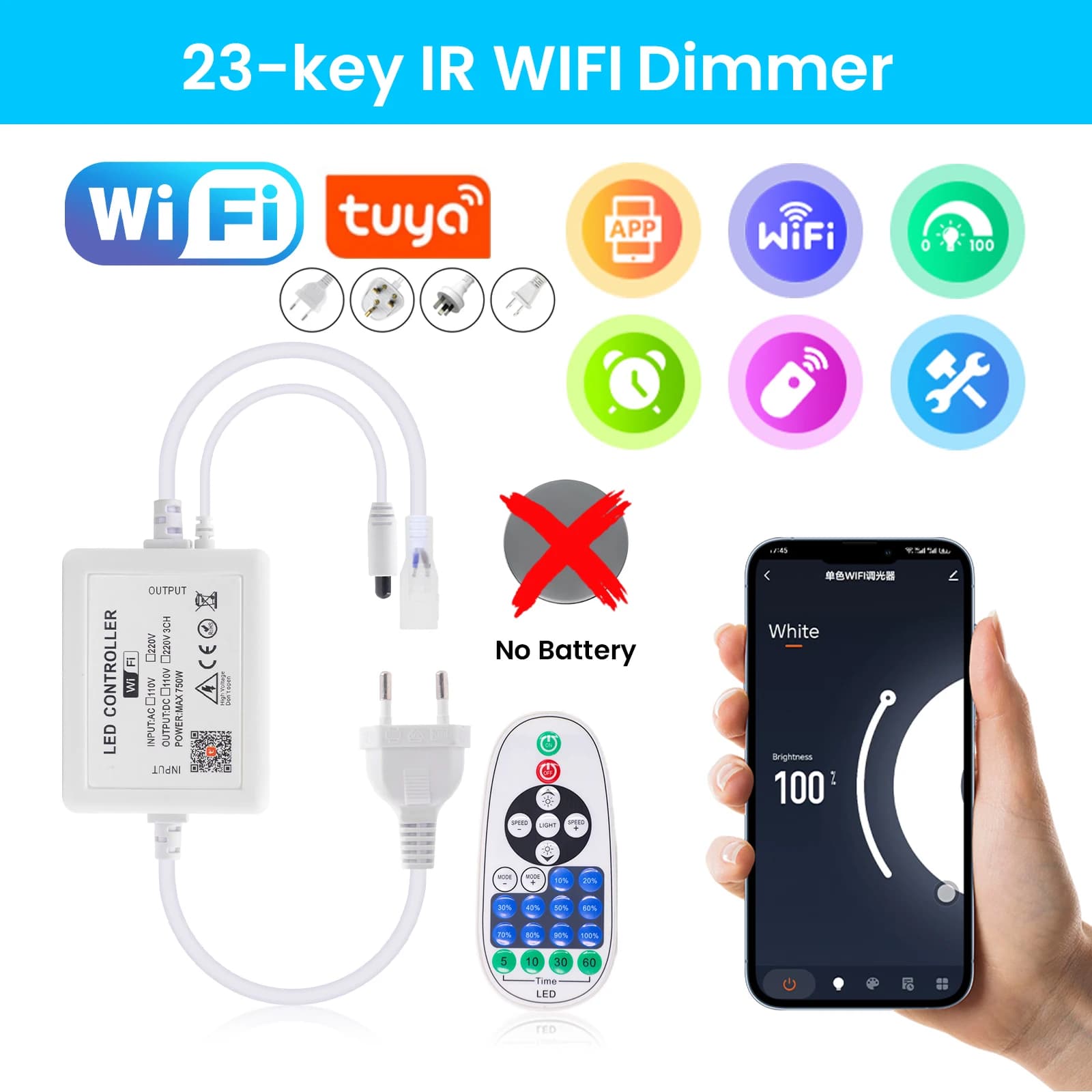 Tuya WIFI LED Dimmer per 10mm Larghezza 110V/220V COB LED Strip Controller LED dimmerabile Bluetooth/Pannello touch/Remoto con spina di alimentazione