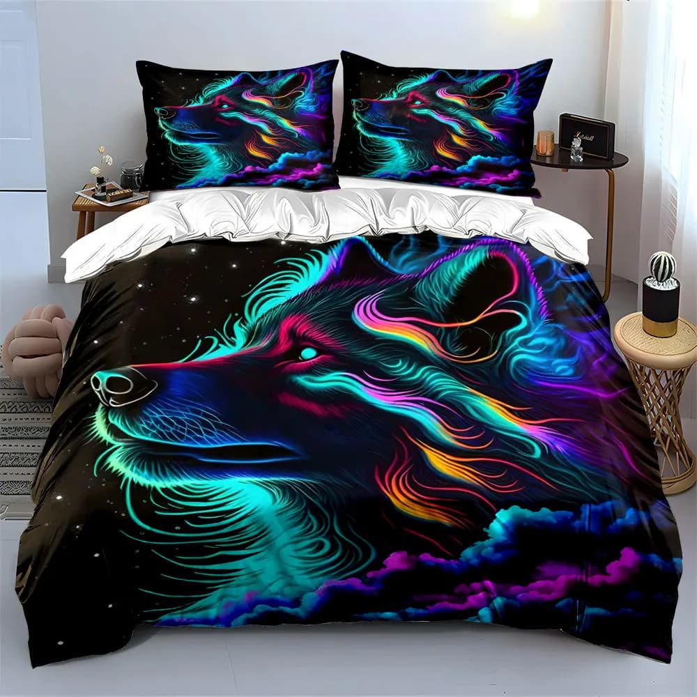 Set di biancheria da letto con copripiumino morbido e confortevole con stampa neon di lupo e cielo notturno, 3 pezzi, include 1 copripiumino e 2 federe.