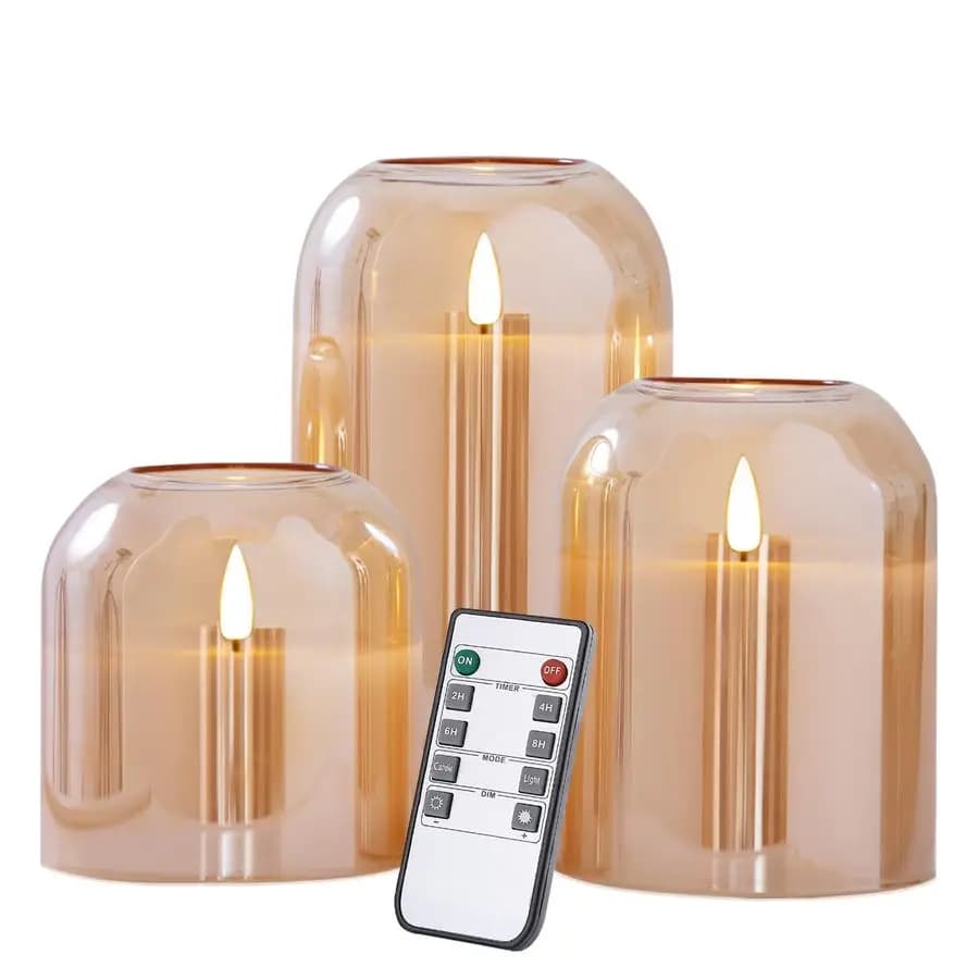 Flameless Glass Candles with Remote Control, Battery, LED Tremolants, True Cera Pillar Candles with Stoppino 3D, Duration 4, 5, 6 Hours
