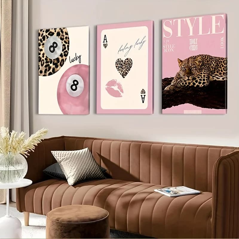 Artistic wall print on canvas with leopard and cheetah, 3 pieces, frameless, modern. Print Lucky Ball 8, Painted on Frame for Luxury Furniture of Living Room