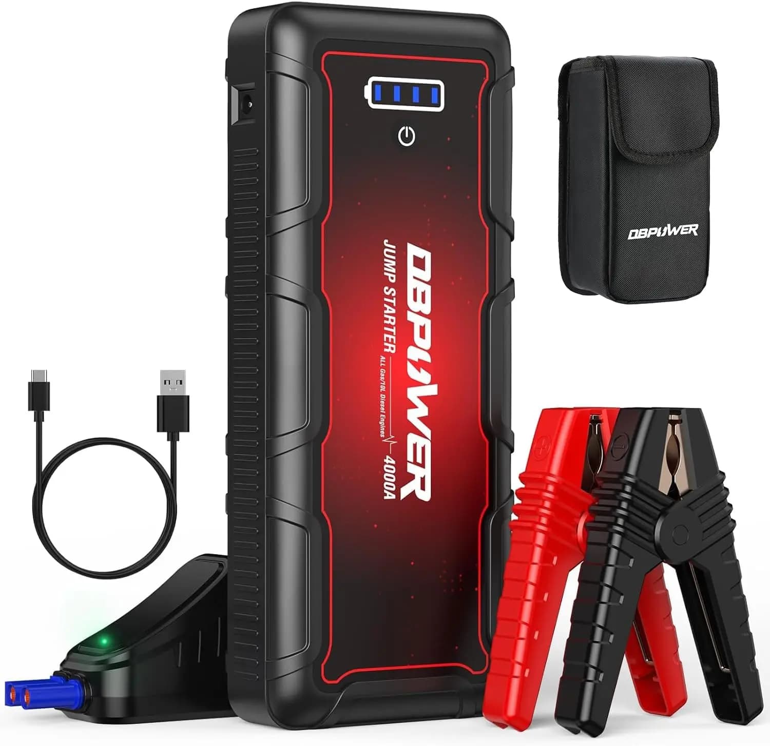 Avviatore d'Emergenza Portatile 4000A per Tutti i Motori a Benzina/Diesel 10L, Booster Batteria 12V con Morsetti Intelligenti e Ricarica Rapida