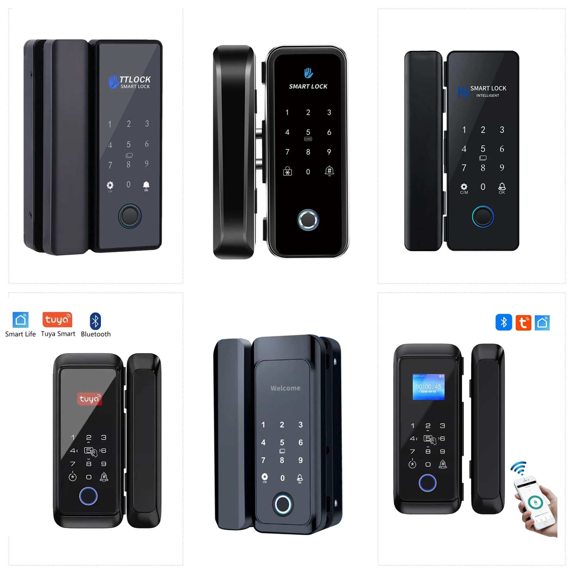 Smart Lock Bluetooth Tuya/TTLock App Controllo Porta in vetro senza telaio Porta scorrevole Compatibile con carta RFID Installazione di impronte digitali