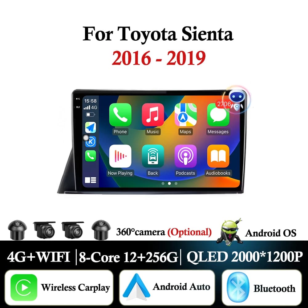 Per Toyota Sienta 2016 - 2019 Android Auto Carplay Autoradio Lettore multimediale Bluetooth Navigazione GPS 4G LTE WiFi DSP Stereo