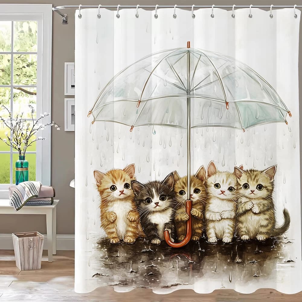 Cute Cats in the Rain Shower Curtain, Lovely Cat Printed Bathroom Decorative Shower Curtain, Fabric Home Curtain with Hooks