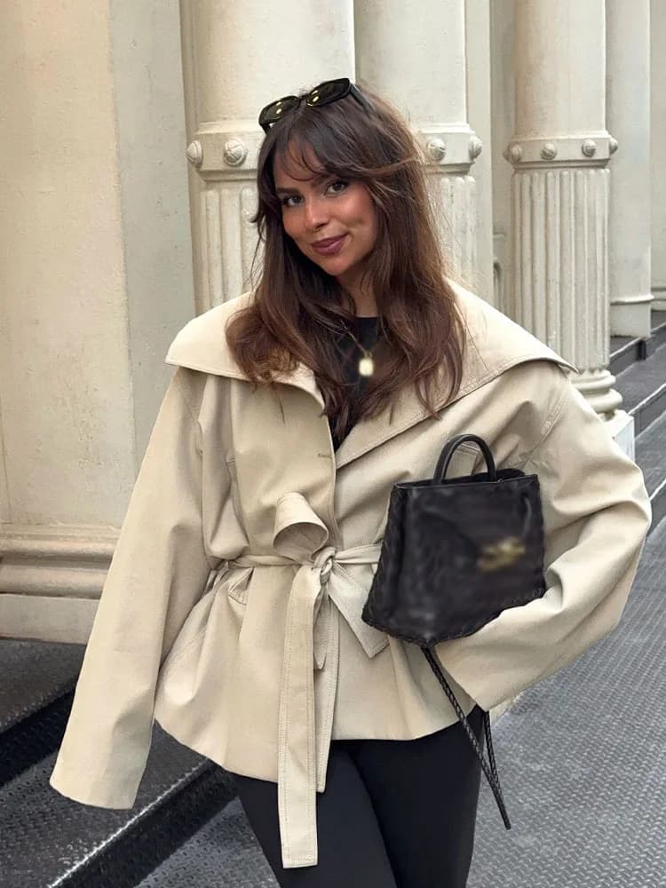 HH Cappotto corto da donna con risvolto High Street Cintura da indossare monopetto Solido da donna Tasche moda autunnale Giacche a maniche lunghe