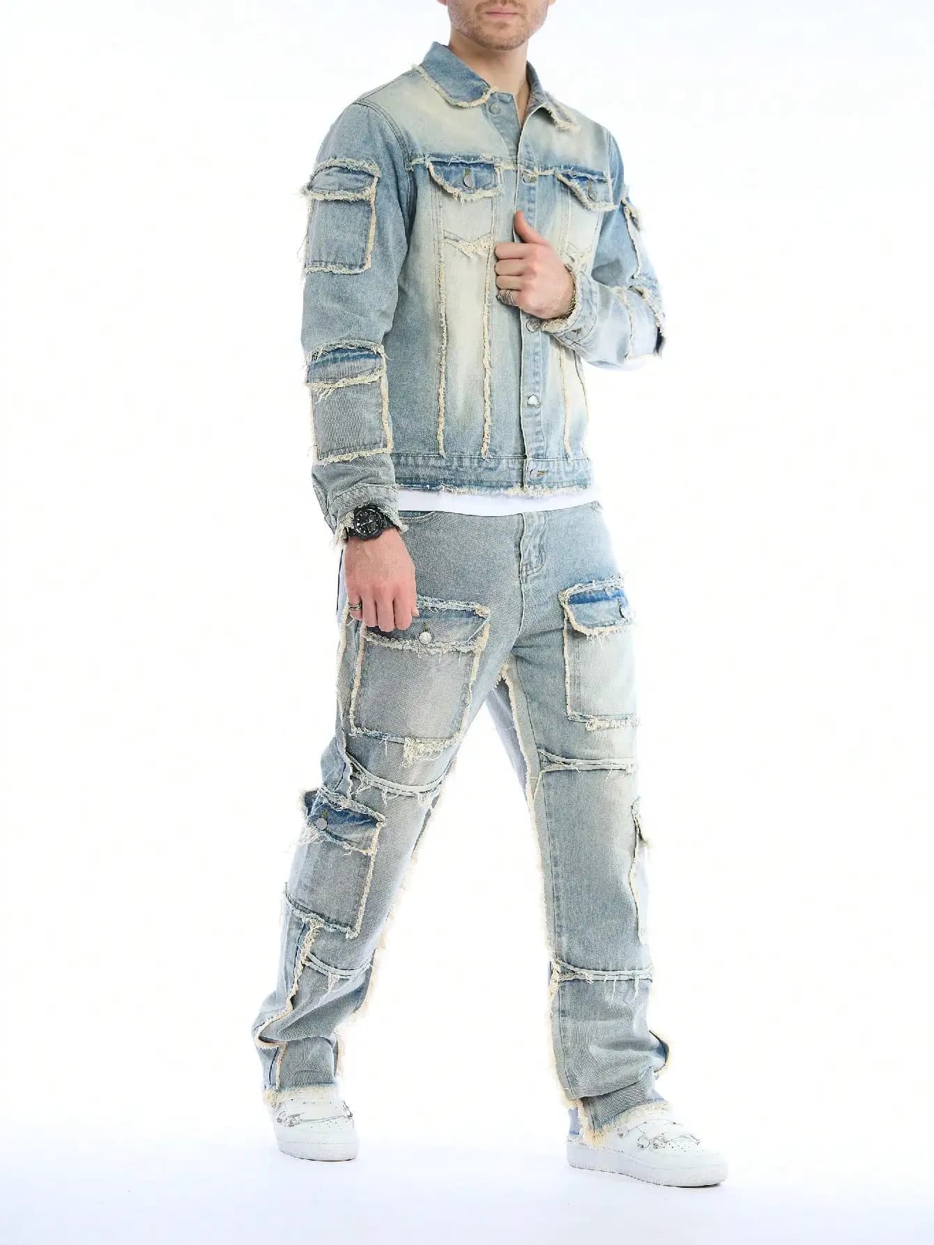 Two-piece high quality men's washed denim set (jeans + jeans jacket) - Autumn and winter style