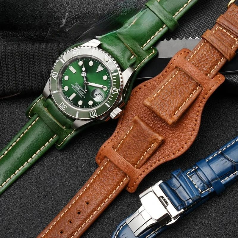 Genuine Leather Watch Strap for Rolex Green Submariner Omega timex Vintage Men's Watch Strap plus Tray 20 22mm