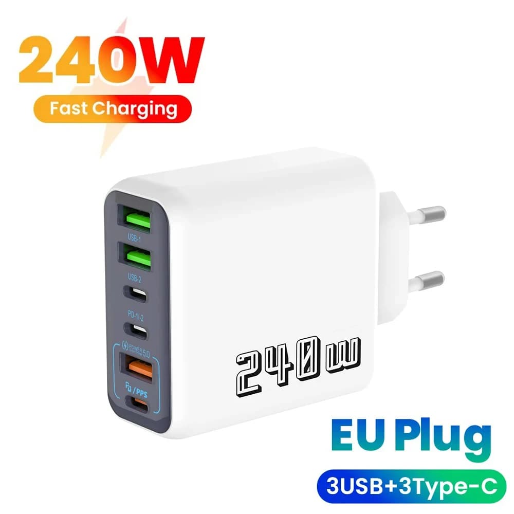 Caricatore USB C da 240W a 6 porte, ricarica rapida, adattatore da parete con spina EU/US/UK per iPhone, Samsung, Xiaomi, caricatore rapido per telefono.