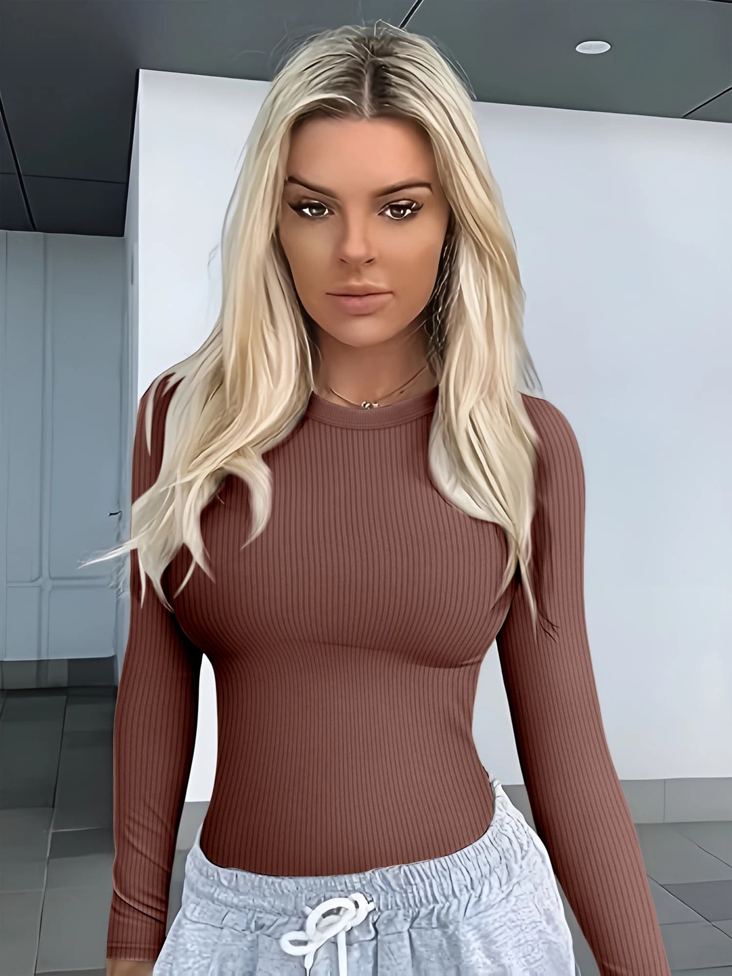 Breathable Ribbed Cropped Long Sleeve Top, Crew Neck Layering Shirt for Spring Road Trips & Picnics