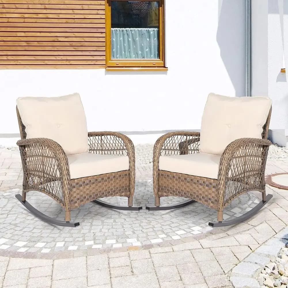 2-Piece Outdoor Wicker Rocking Chairs with Beige Cushions, Patio Rattan Rocker Set in Light Brown