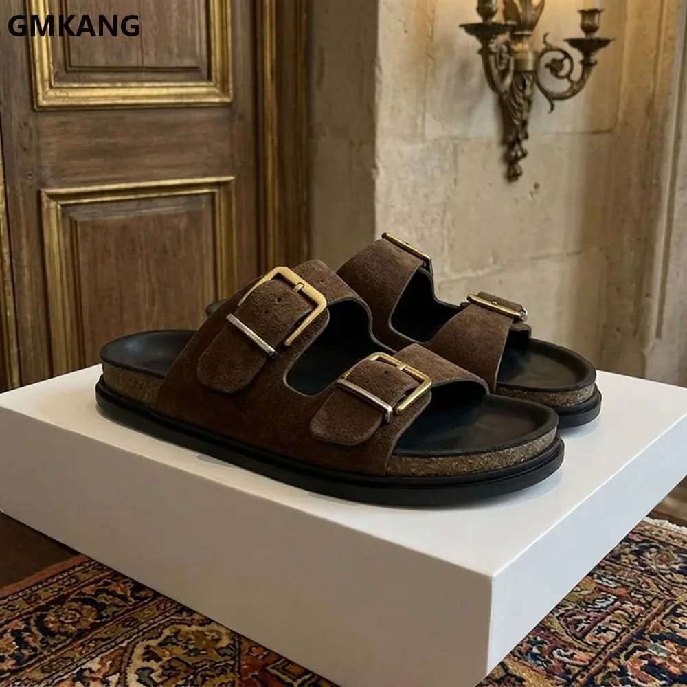 GMKANG Women's Suede Leather Thick Sole Slippers Round Toe Slip-on Comfort Slides Casual Flat Shoes with Belt Buckle for