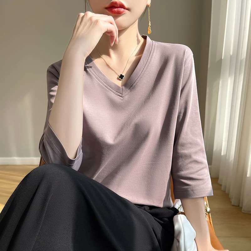 Primavera Estate Nuovo T-shirt a maniche corte in cotone mercerizzato da donna Girocollo allentato Camicia a maniche corte in cotone 100% a maniche corte