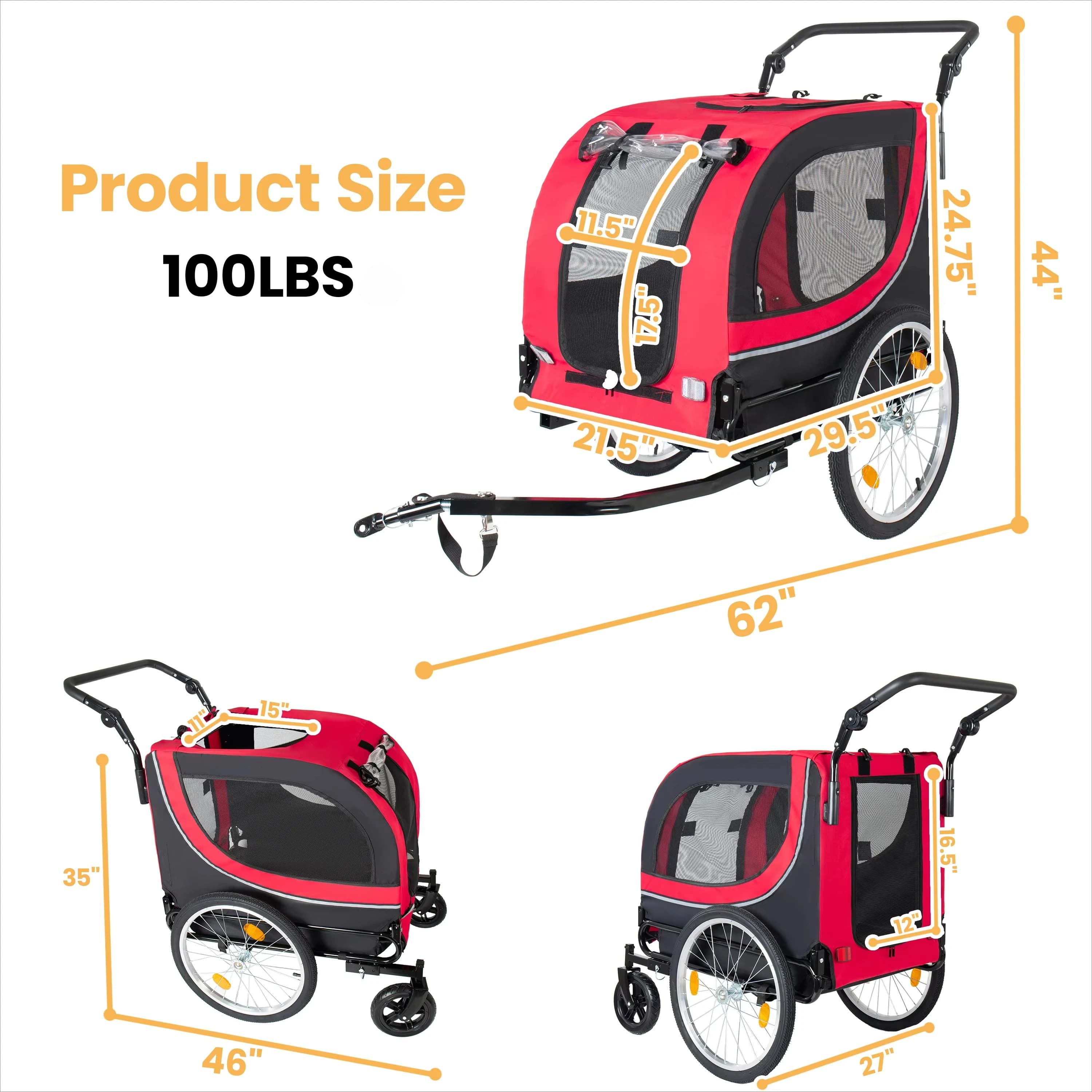 2-in-1 Bike Trailer Pet Stroller 100lbs Foldable Heavy-Duty All-Terrain Pet Carrier Cart 8'' Front Casters 20'' Wheels