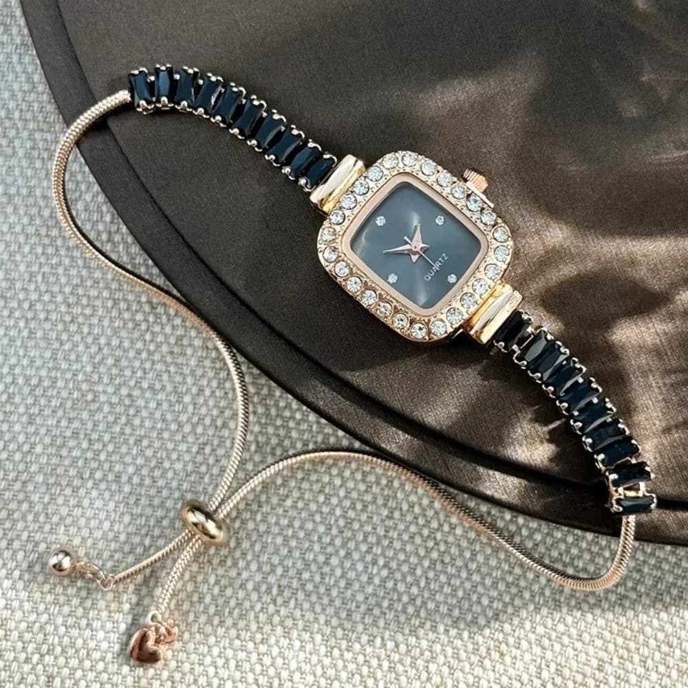 Orologio da Polso da Donna con Bracciale Intarsiato in Zirconi e Diamanti, Cinturino Flessibile con Strass e Scala Semplice