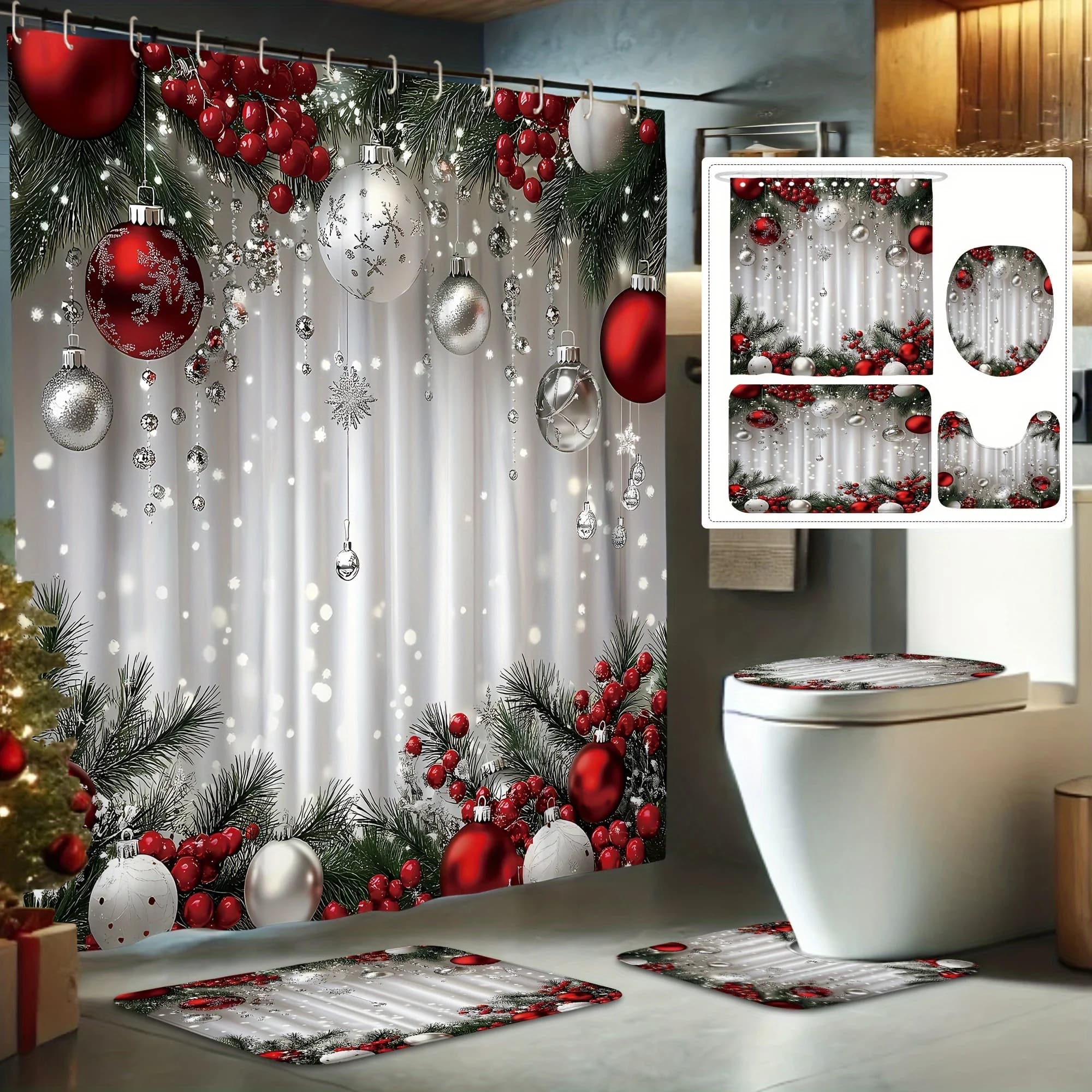 Set di tende da doccia festive con palline di Natale da 4 pezzi con tappetino antiscivolo e copriwater, decorazioni natalizie lavabili rosso verde bianco